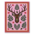 Pink Deer Floral Fern Border Rug