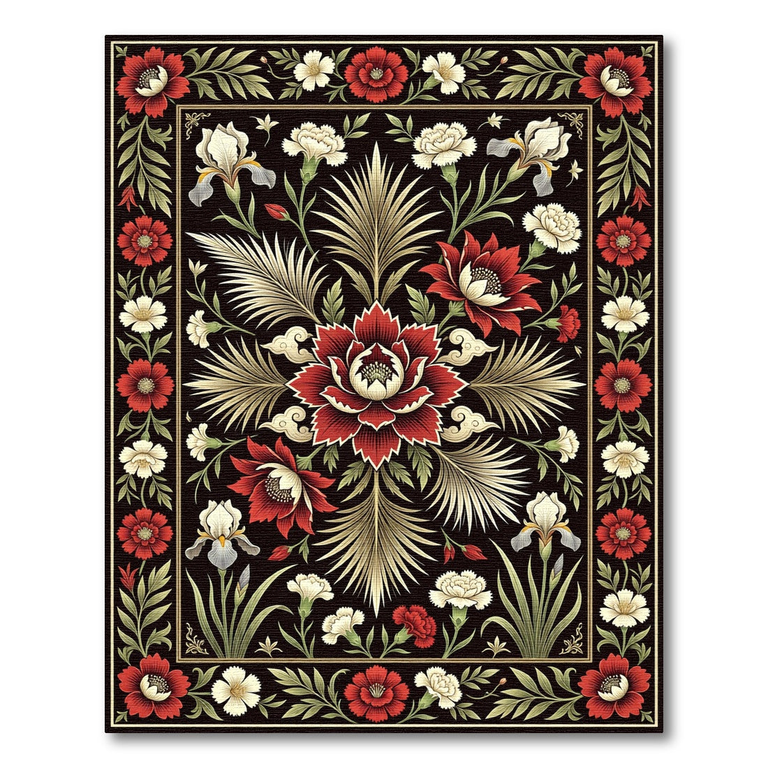 Deep Red Floral Botanical Garden Rug
