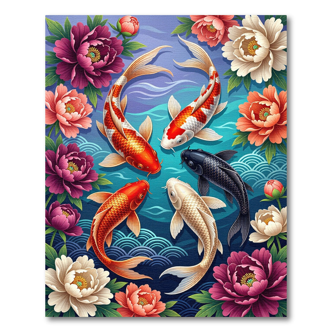 Vibrant Koi Fish Peony Garden Art Rug