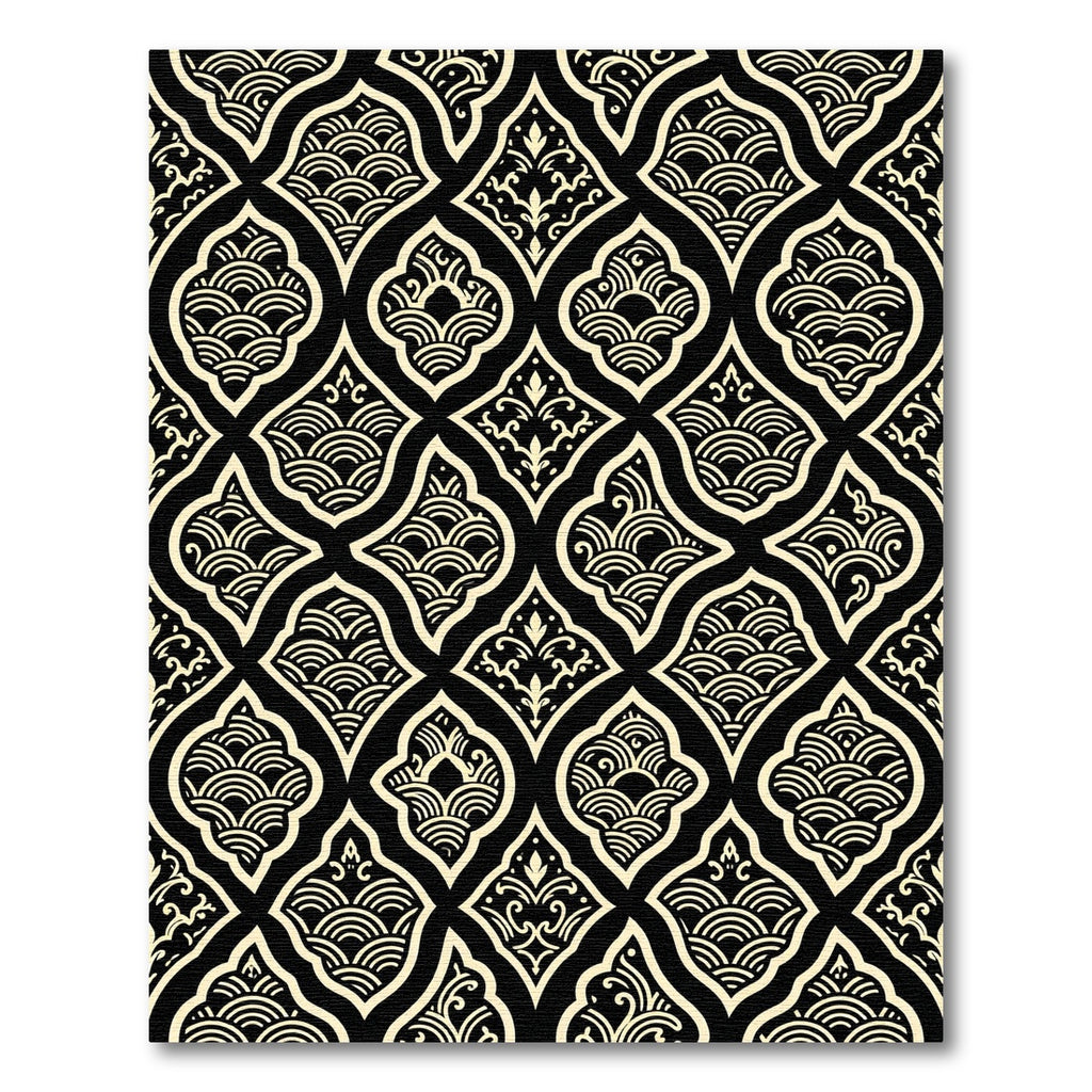 Elegant Black and Cream Scalloped Wave Rug