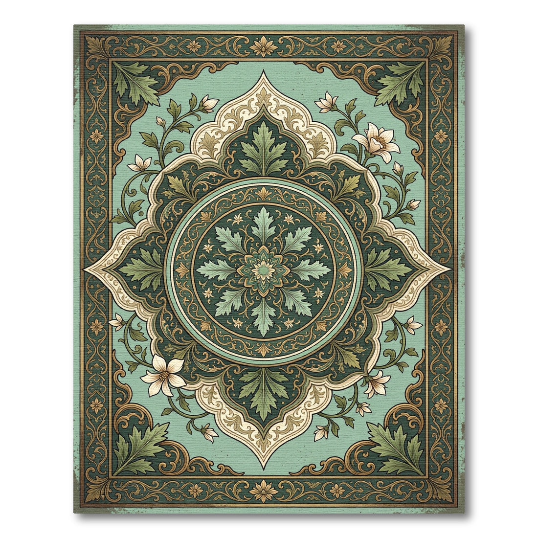 Emerald Green Floral Medallion Vintage Rug