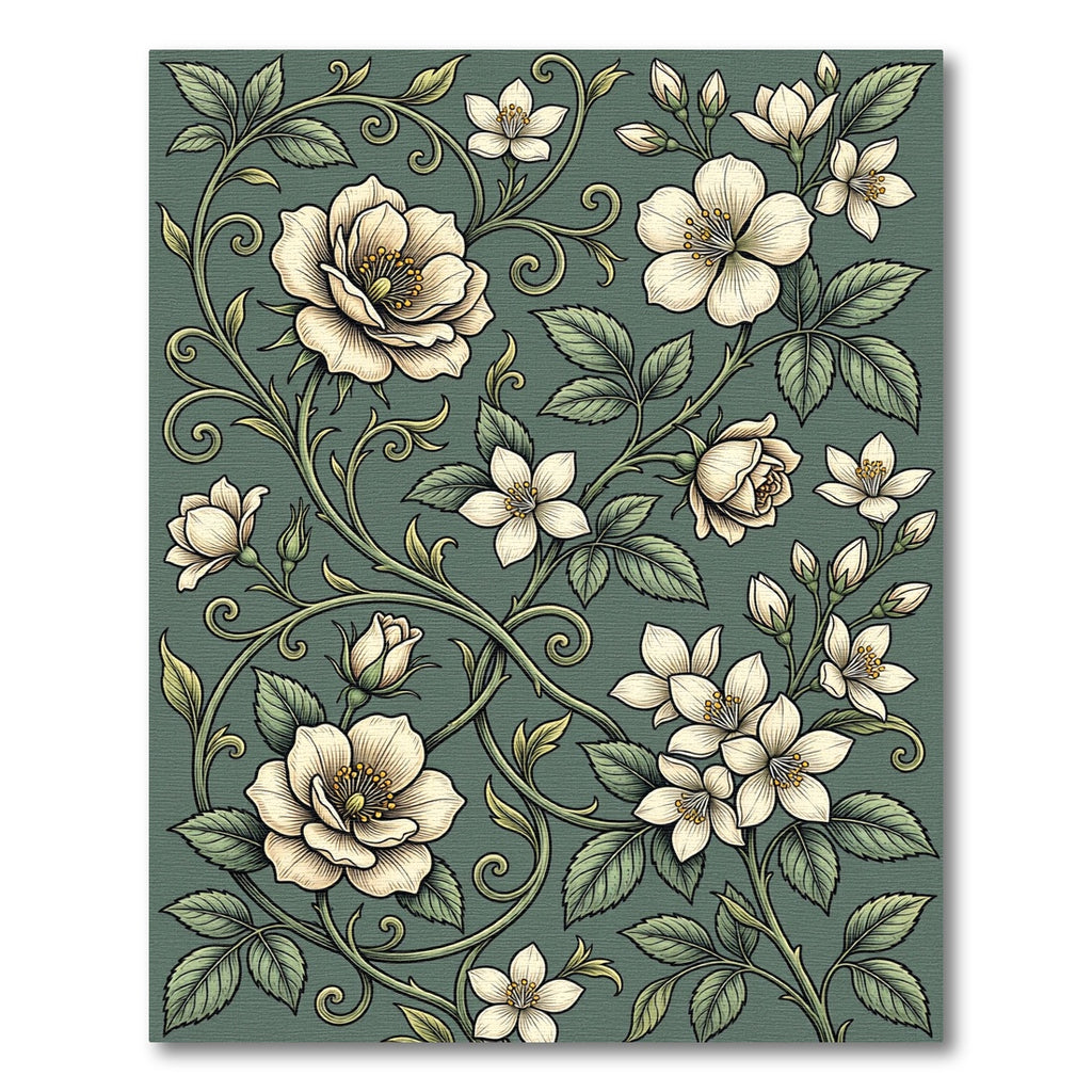 Elegant Sage Botanical Rose Scroll Rug