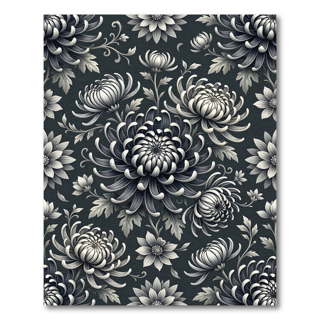 Monochromatic Dark Gray Chrysanthemum Floral Botanical Rug
