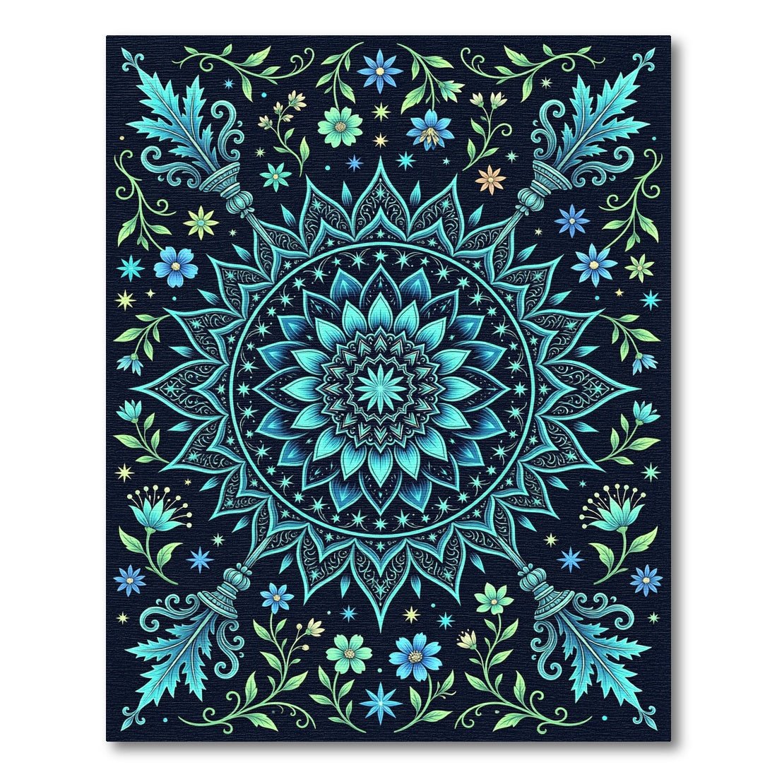 Teal Blue Floral Mandala Art Rug