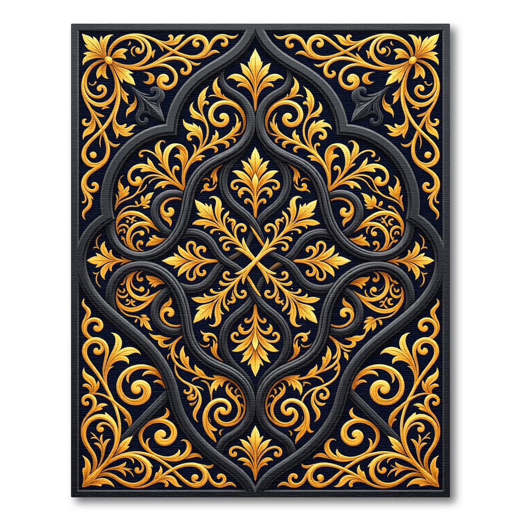 Ornate Gold Floral Black Scroll Rug