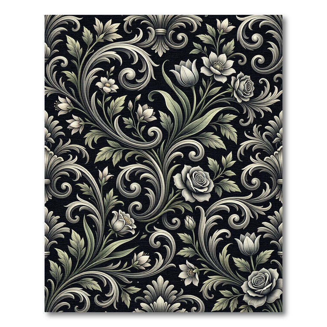Ornate Floral Scrolls Black Background Rug