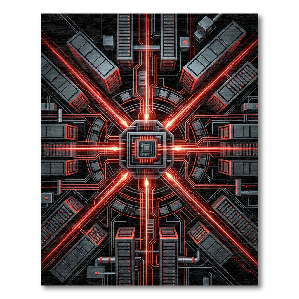 Cybernetic Red Circuit Board Abstract Rug