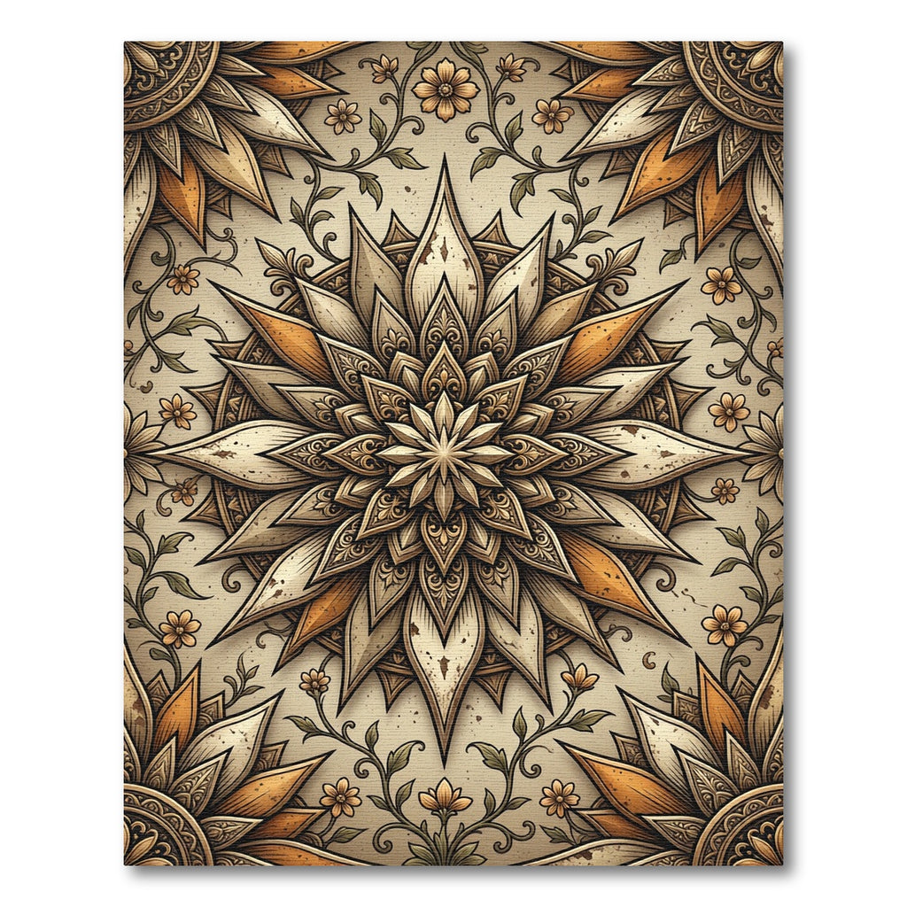 Elegant Beige Gold Floral Mandala Rug