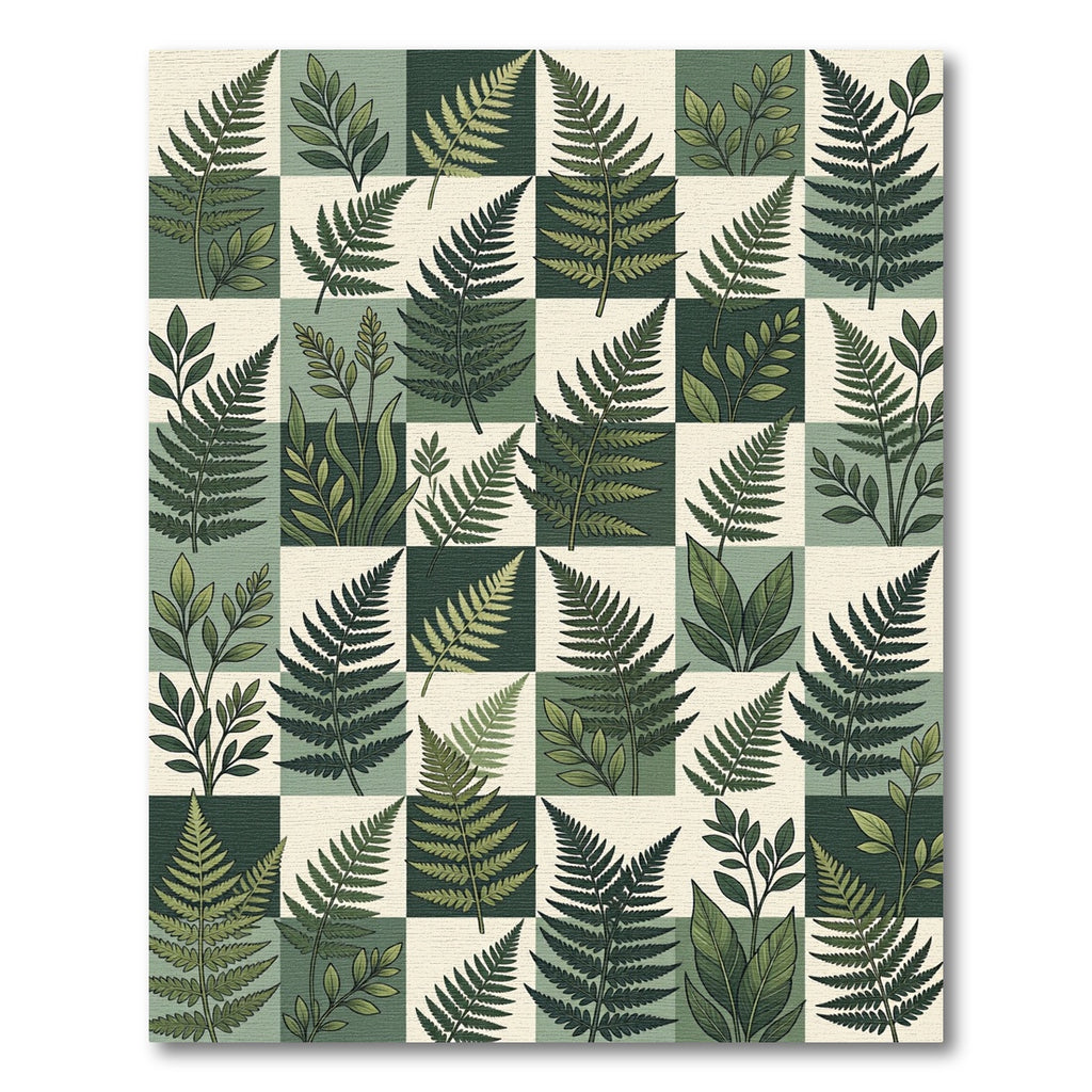 Lush Green Botanical Fern Checkerboard Rug