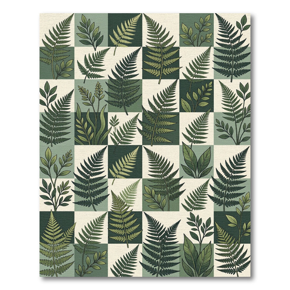 Lush Green Botanical Fern Checkerboard Rug