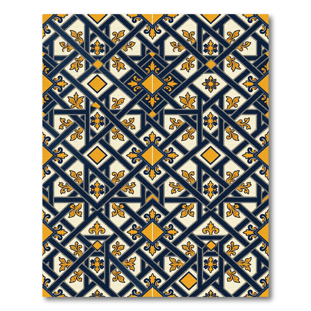 Navy Gold Geometric Fleur-De-Lis Lattice Rug