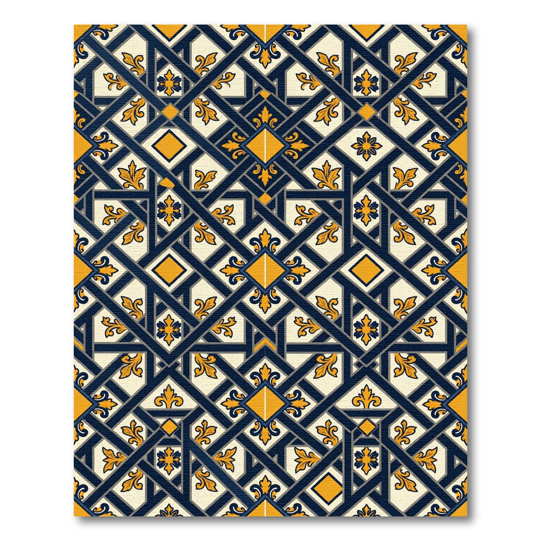 Navy Gold Geometric Fleur-De-Lis Lattice Rug