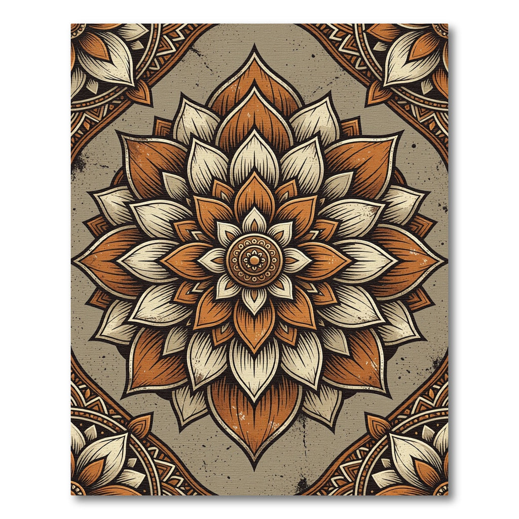 Earthy Amber Lotus Mandala Rug