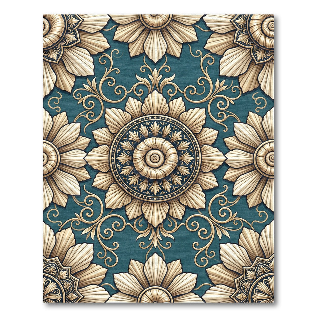 Elegant Teal Gold Floral Medallion Rug