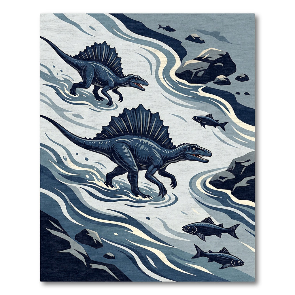 Midnight Spinosaurus River Scene Illustration Rug