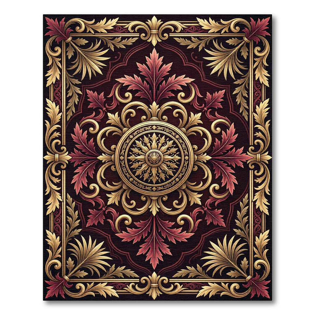 Ornate Burgundy Gold Scrollwork Rug