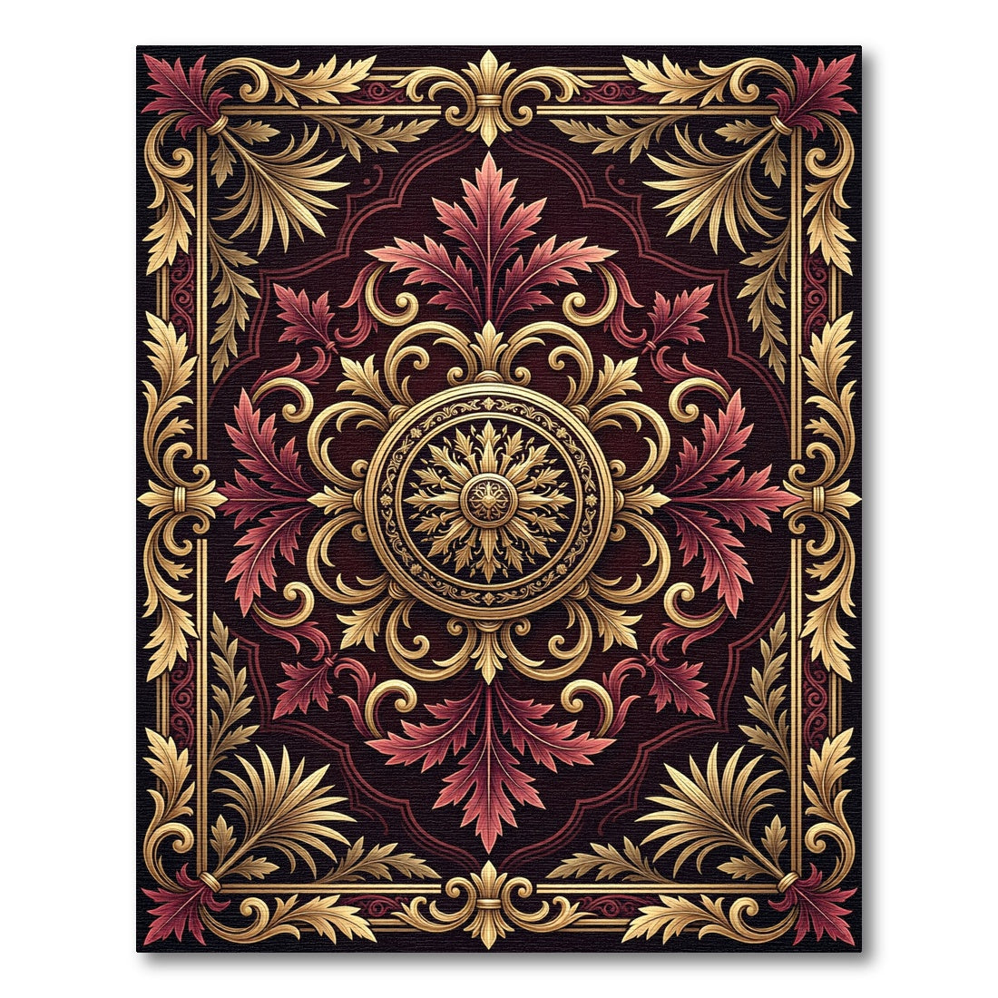 Ornate Burgundy Gold Scrollwork Rug