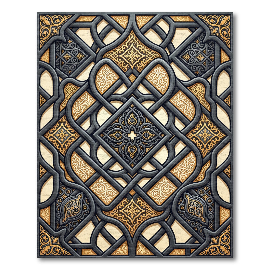 Ornate Gray Golden Interlocking Arabesque Rug