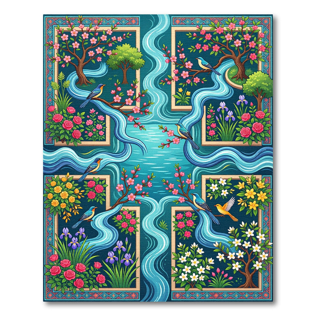 Serene Blue River Blossom Bird Scene Rug