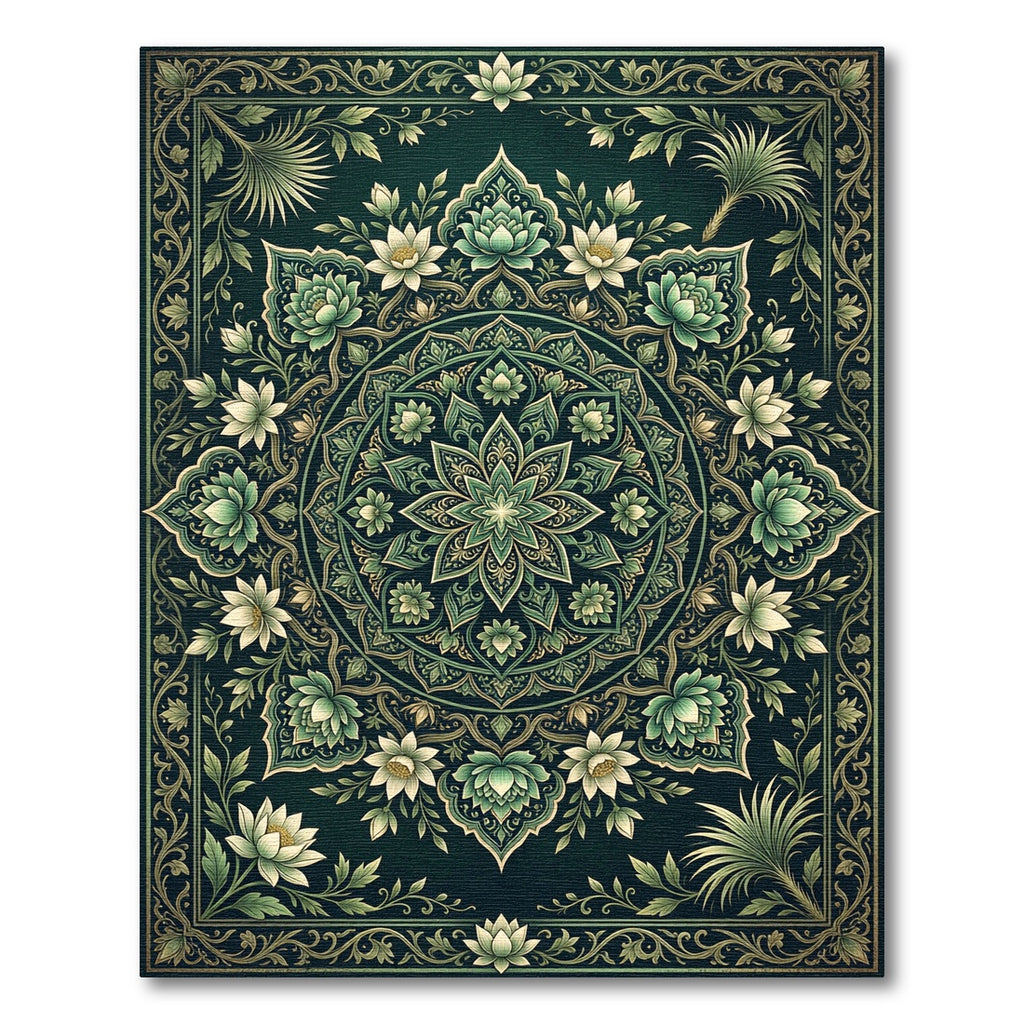 Emerald Green Floral Lotus Mandala Rug