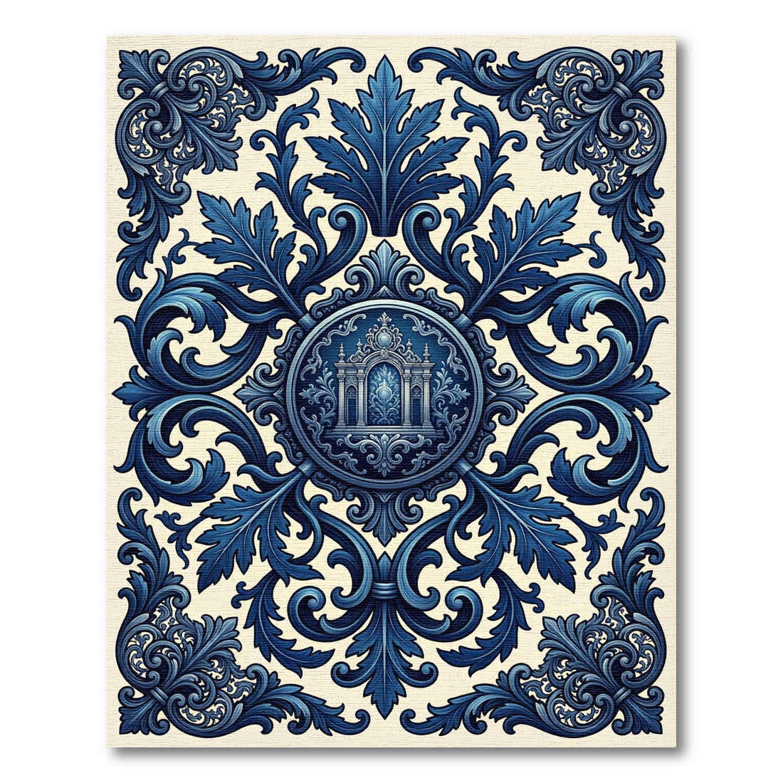 Deep Blue Ornate Architectural Scrollwork Rug