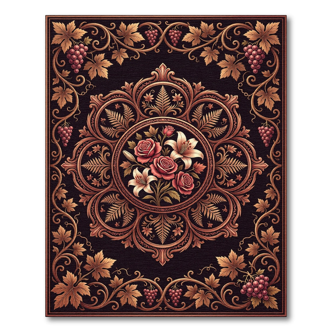 Ornate Rose Lily Grapes Medallion Rug