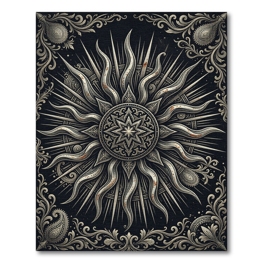 Ornate Celestial Sunburst Monochromatic Area Rug