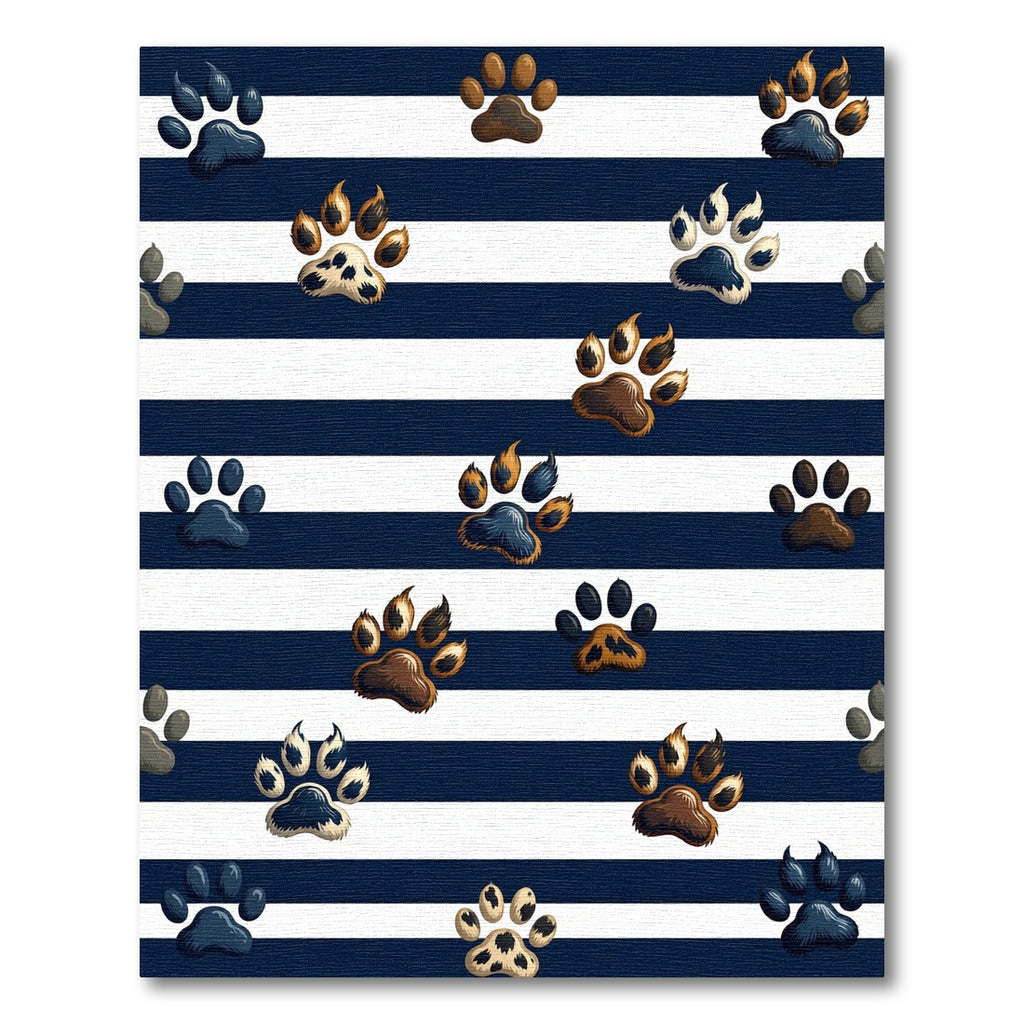 Navy Striped Animal Paw Print Rug