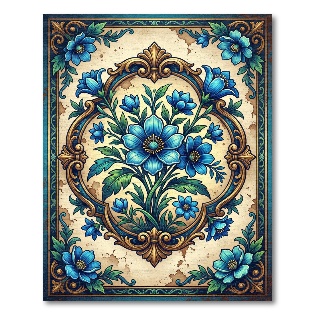 Elegant Blue Floral Baroque Medallion Rug