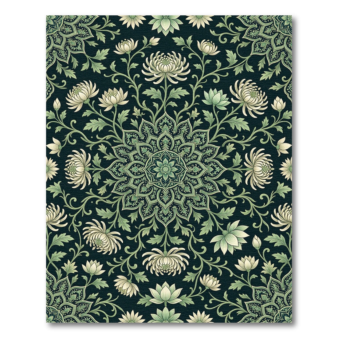 Dark Green White Floral Mandala Rug
