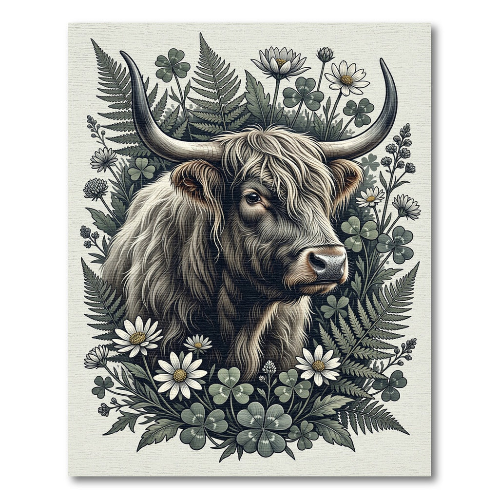 Highland Cattle Fern Clover Botanical Illustration Rug