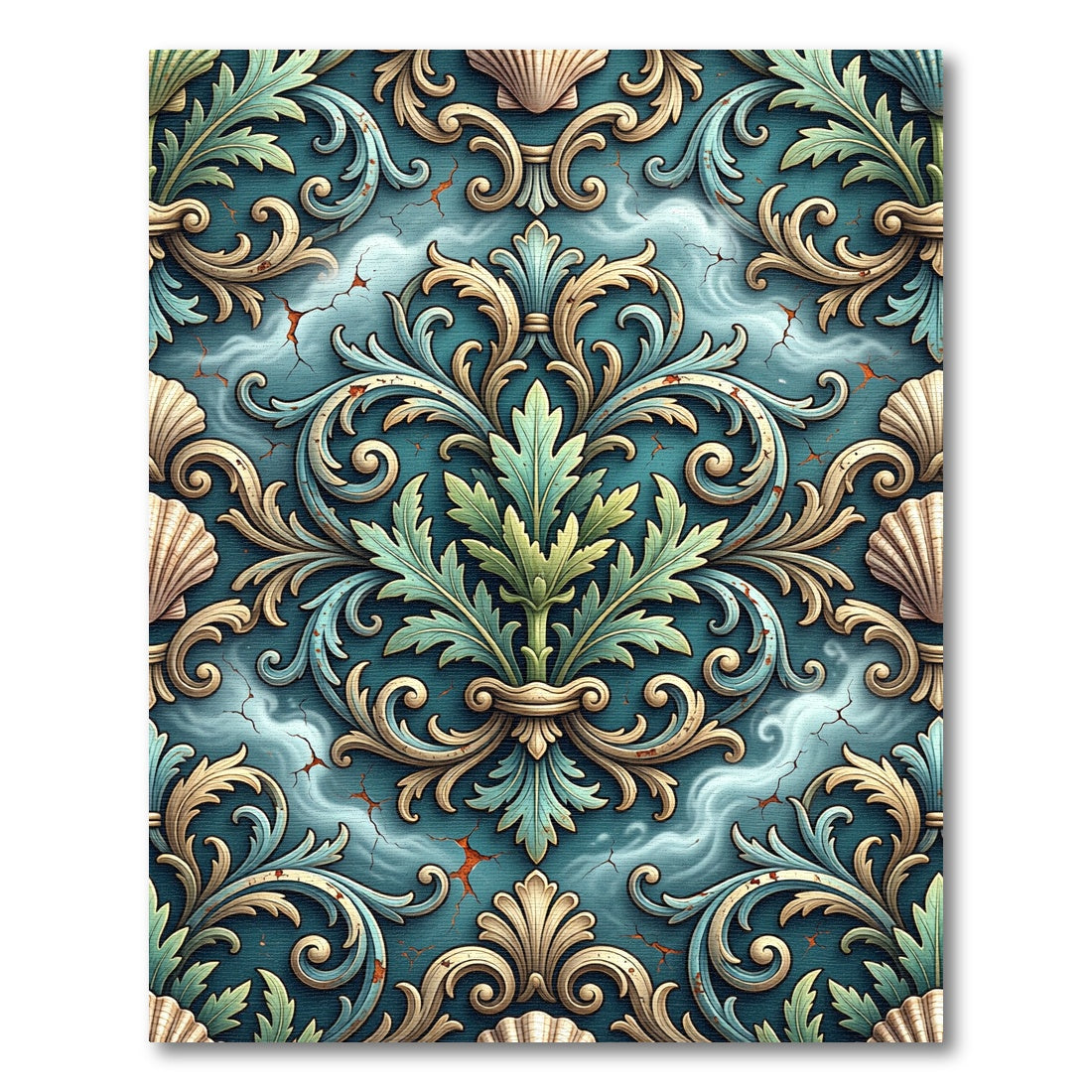 Teal Gold Acanthus Seashell Flourish Rug