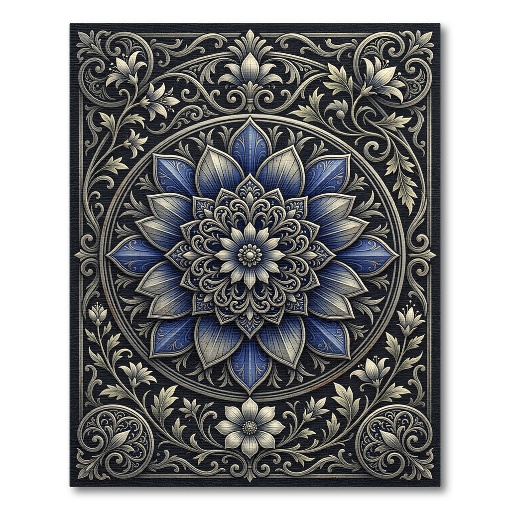 Elegant Navy Floral Mandala Medallion Rug