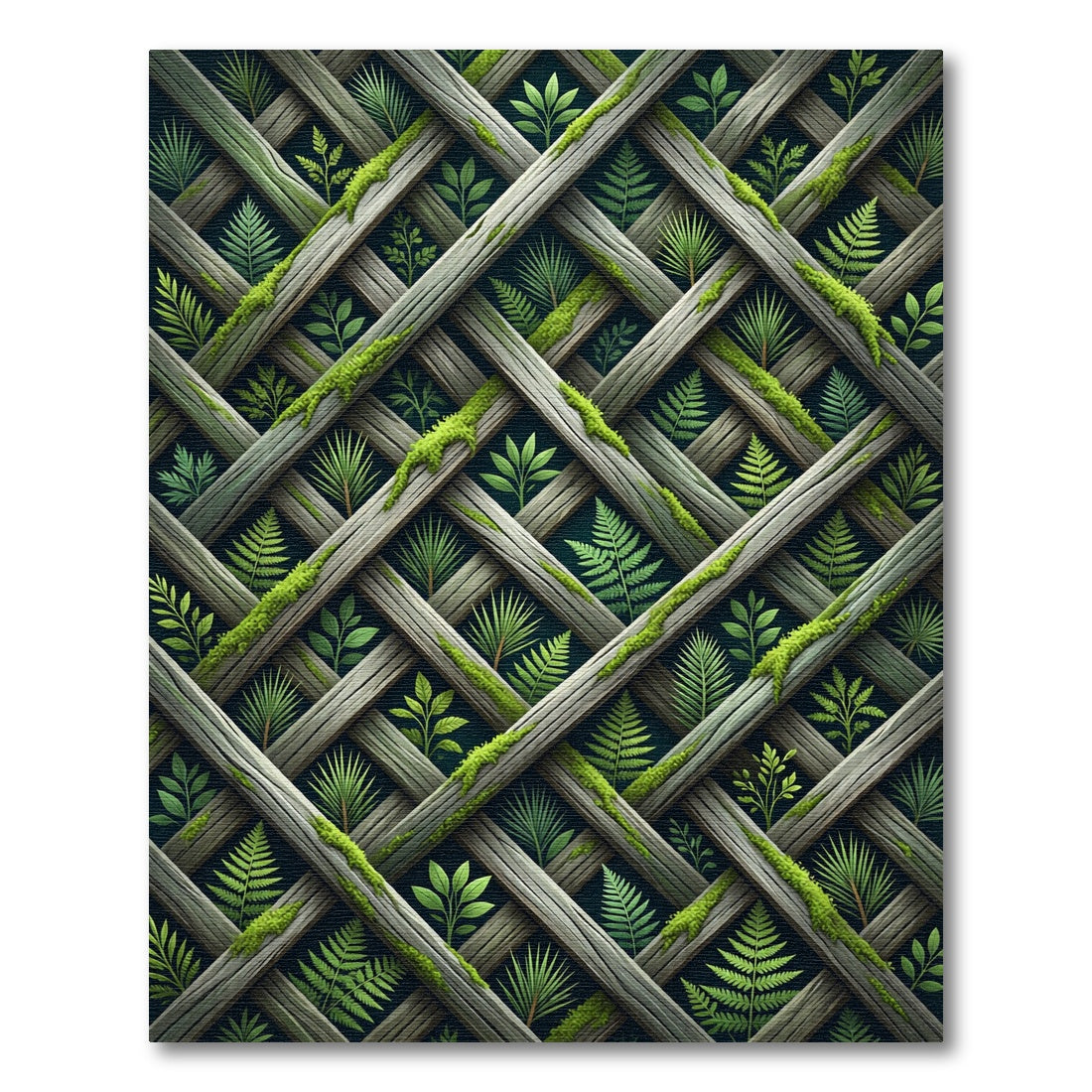 Mossy Forest Lattice with Fern Leaves Rug
