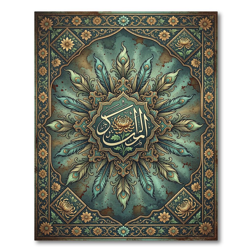 Arched Peacock Feather Gold Floral Medallion Rug