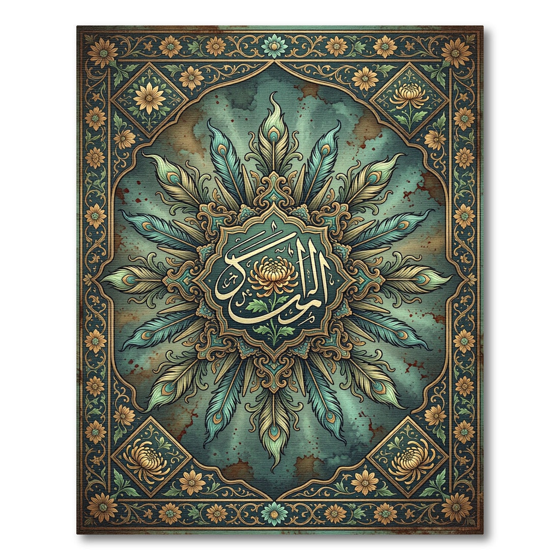 Arched Peacock Feather Gold Floral Medallion Rug