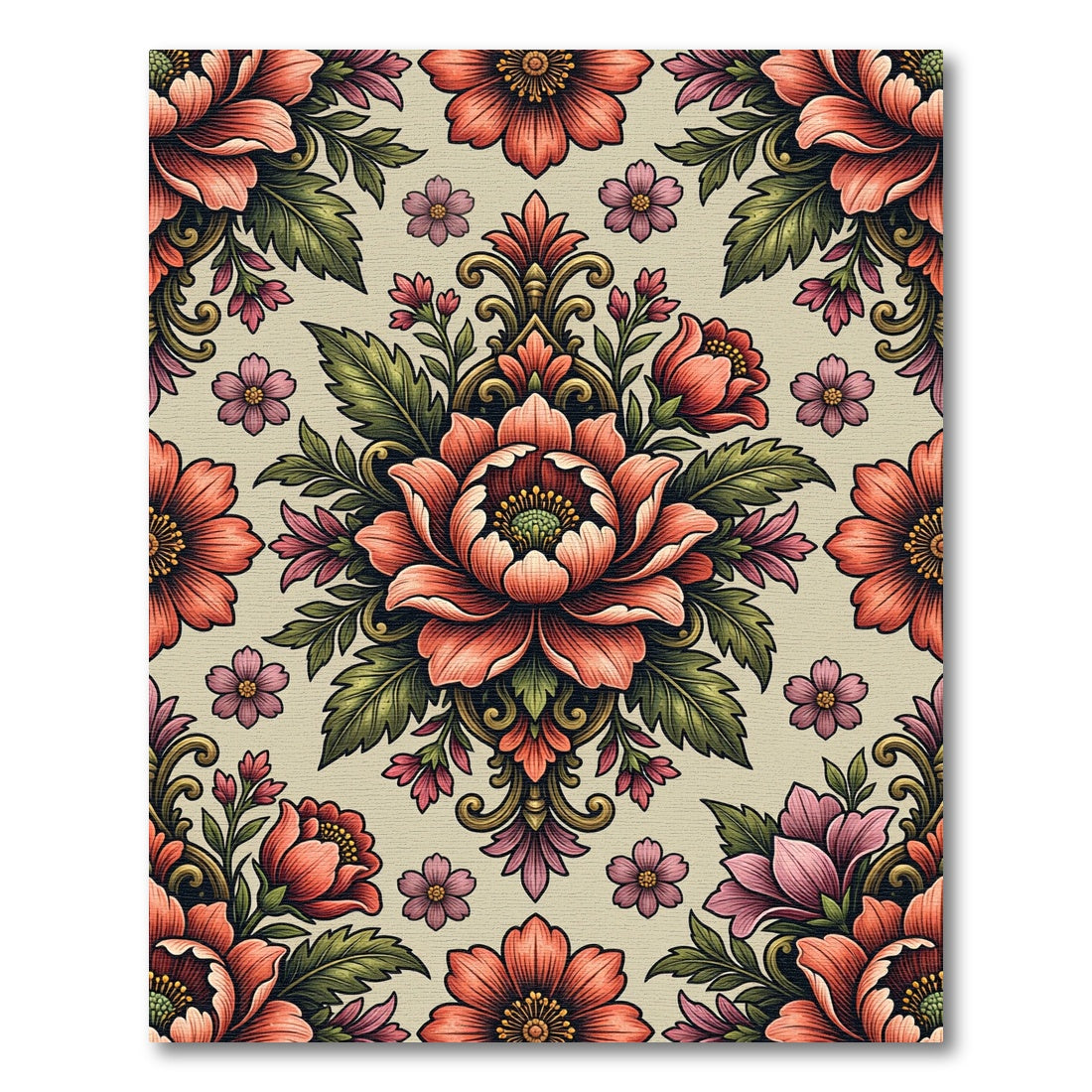 Elegant Coral Rose Damask Botanical Rug