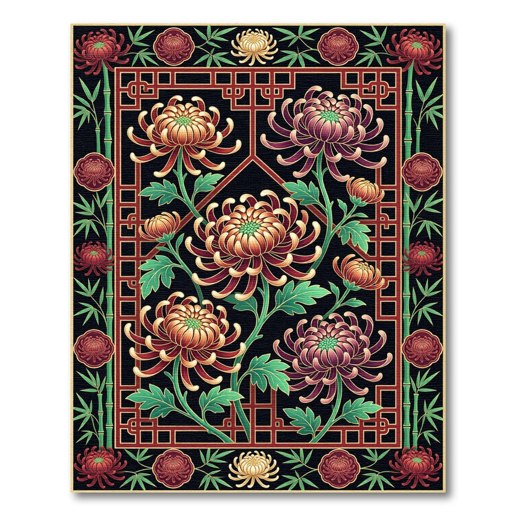 Elegant Crimson Chrysanthemum Bamboo Floral Art Rug