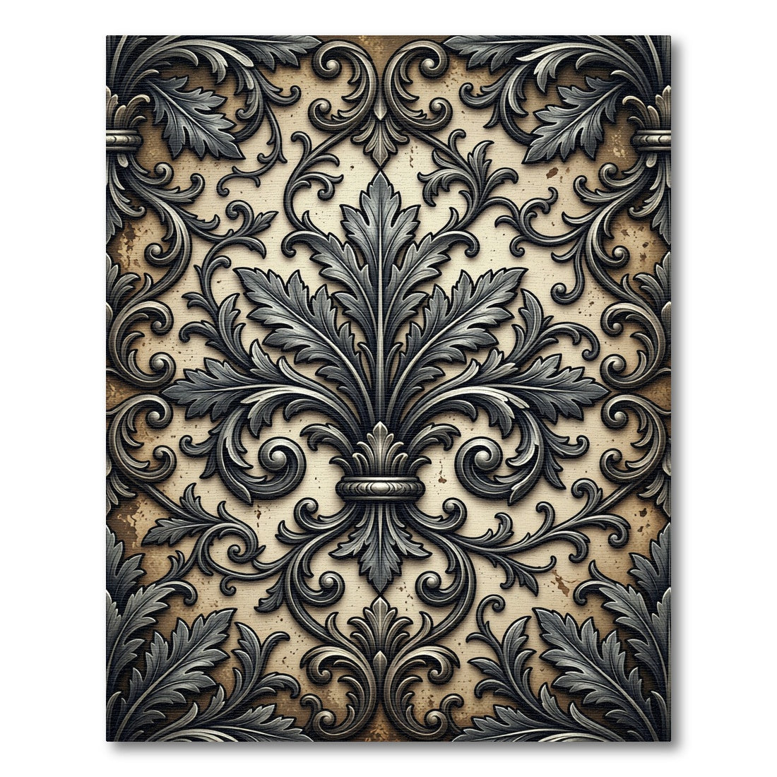 Ornate Metallic Silver Damask Scroll Rug