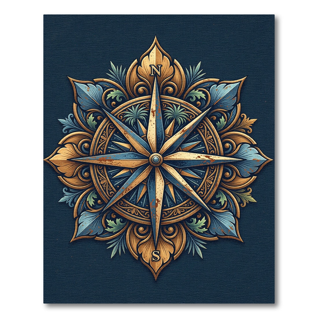 Ornate Golden Compass Navy Floral Medallion Rug