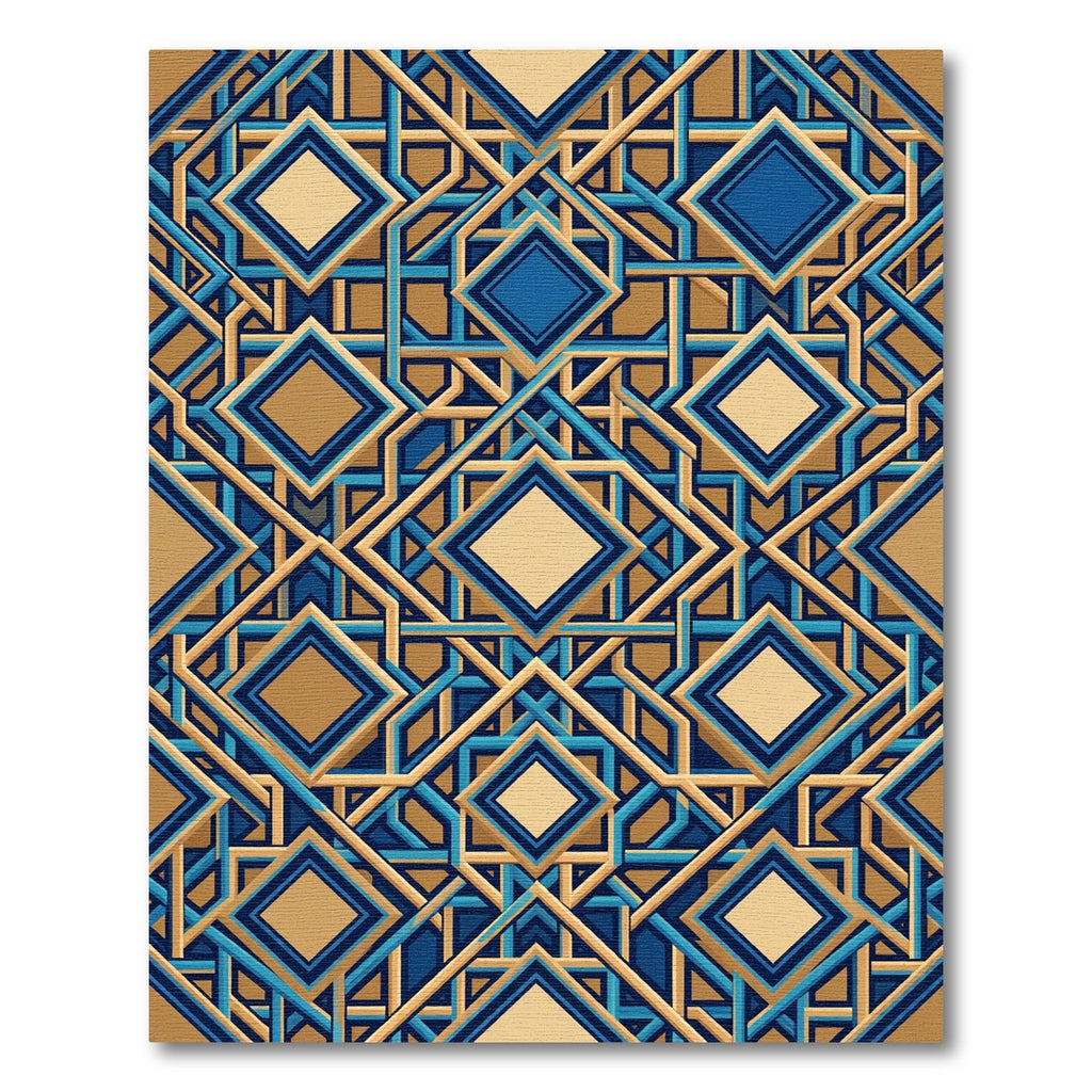 Geometric Navy and Gold Interlocking Square Rug