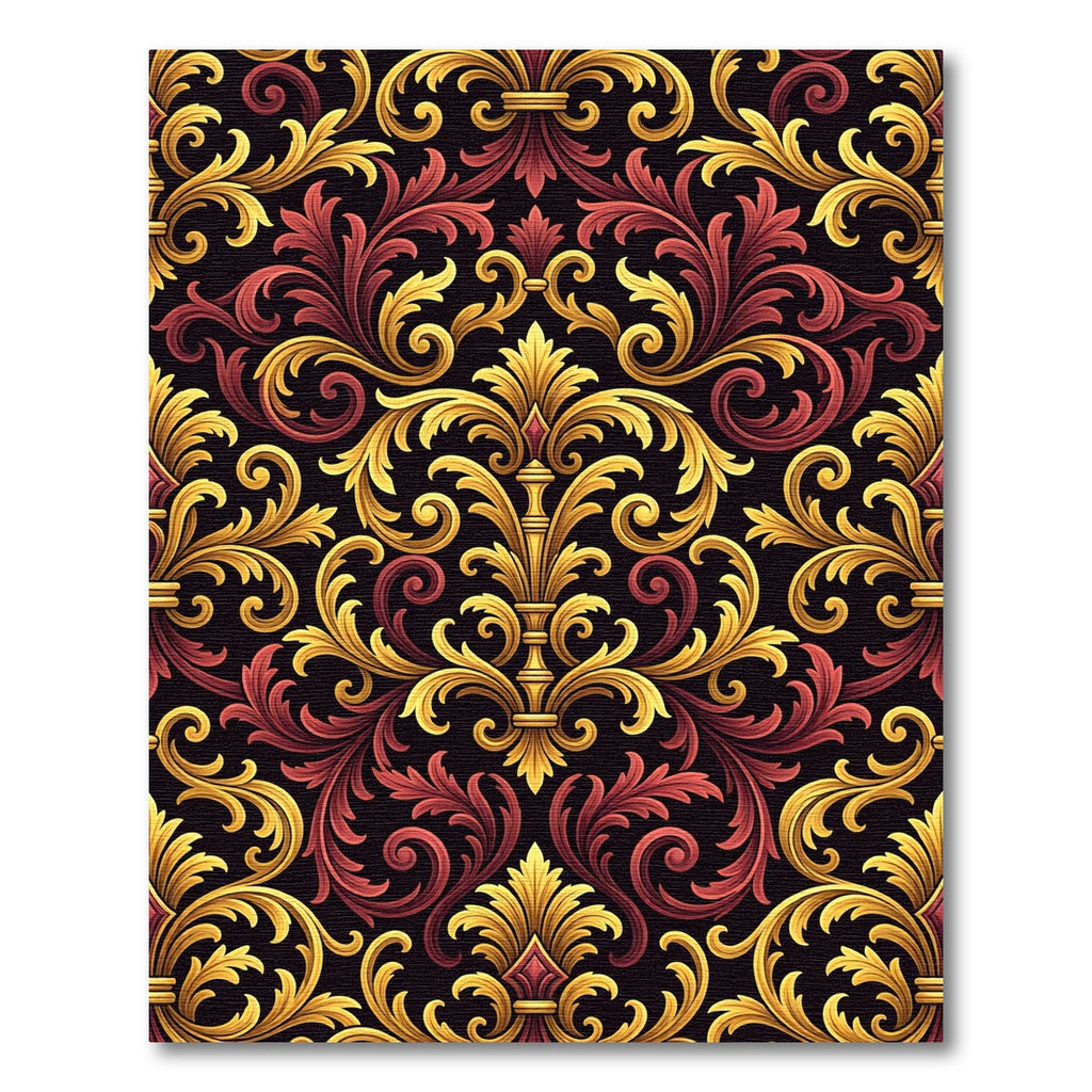 Ornate Gold and Crimson Damask Rug