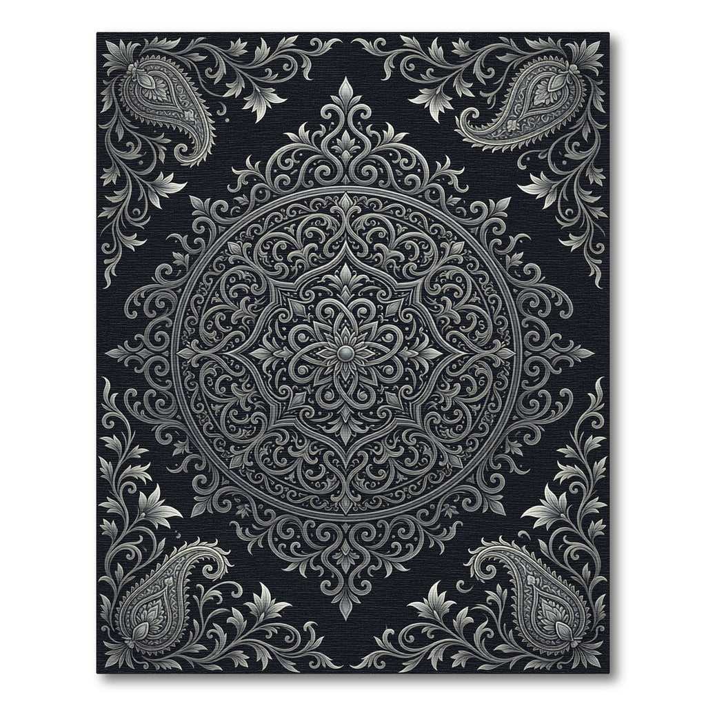 Ornate Silver Paisley Mandala Rug