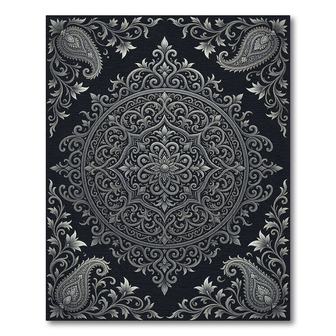 Ornate Silver Paisley Mandala Rug