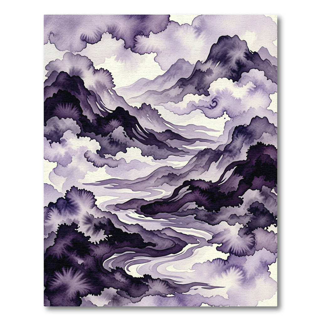 Deep Purple Ink Wash Mountain Panorama Rug
