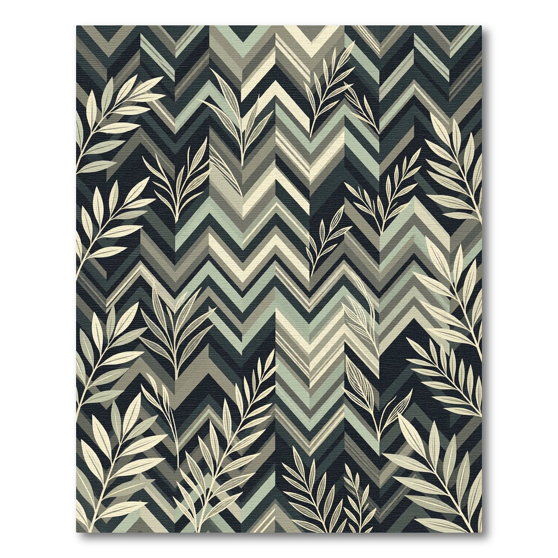 Sage Green Chevron Botanical Foliage Rug