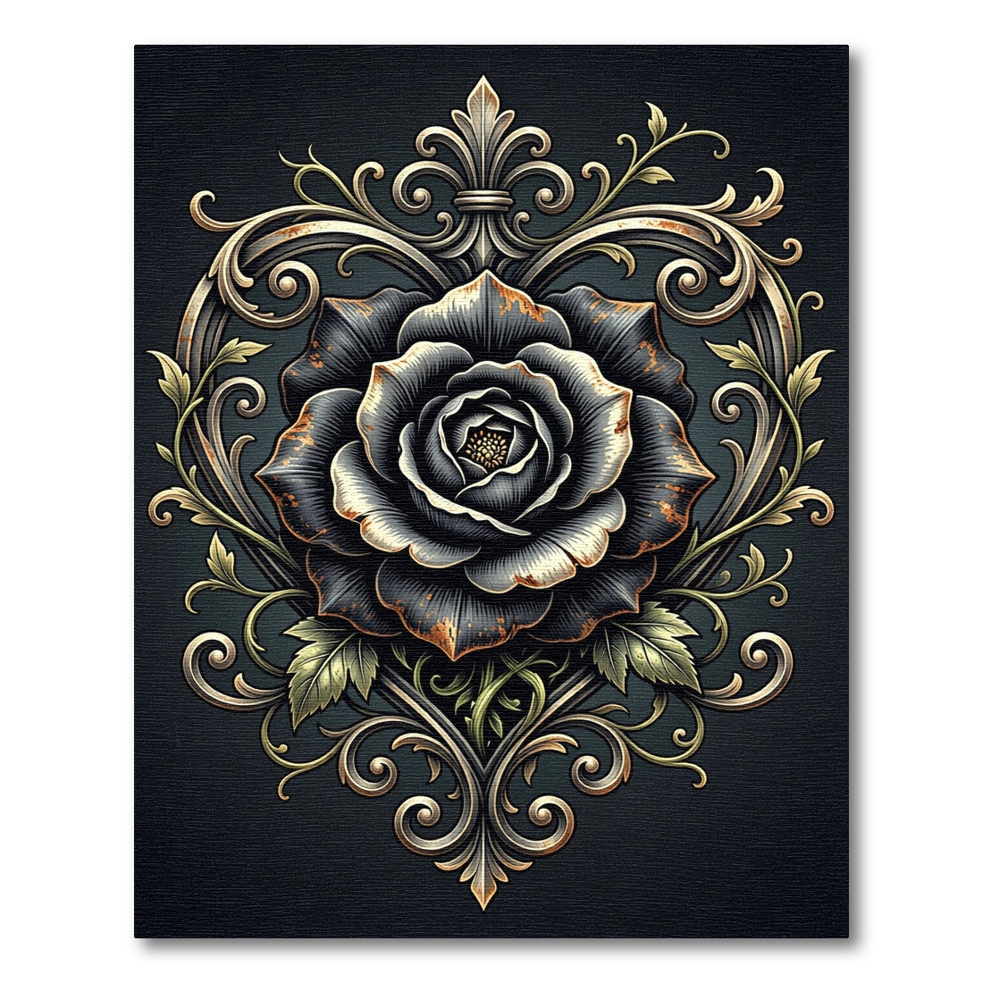 Black Rose Ornate Scroll Heart Rug