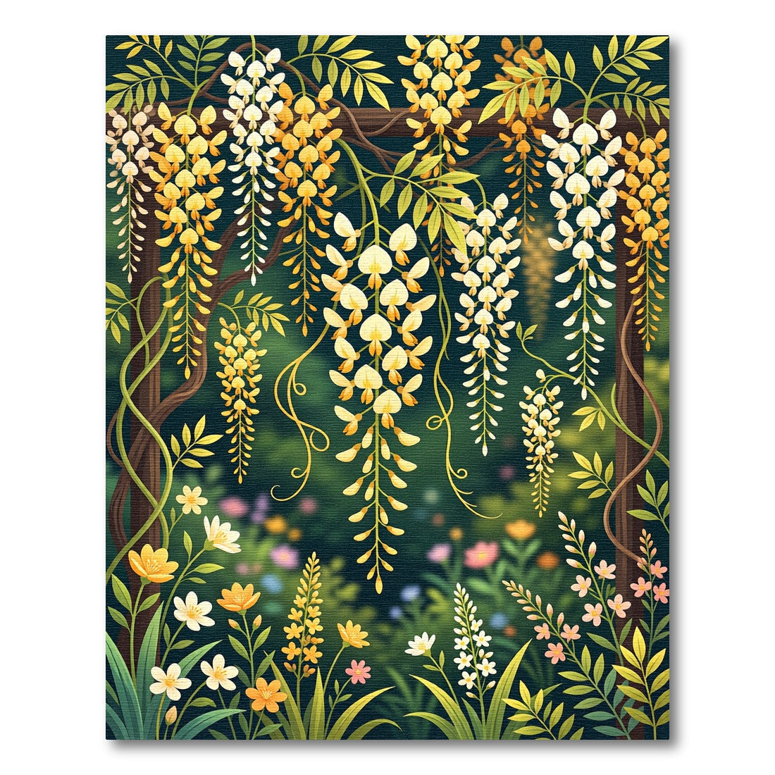 Lush Golden Wisteria Floral Trellis Rug