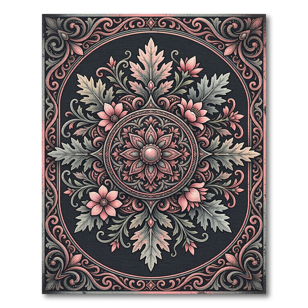 Ornate Pink Floral Medallion Dark Rug