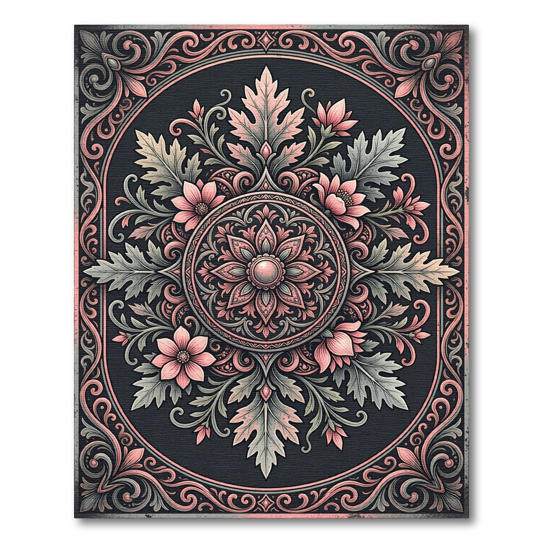 Ornate Pink Floral Medallion Dark Rug